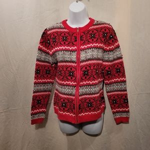 B. Moss Gray & Red Zippered Cardigan Sweater